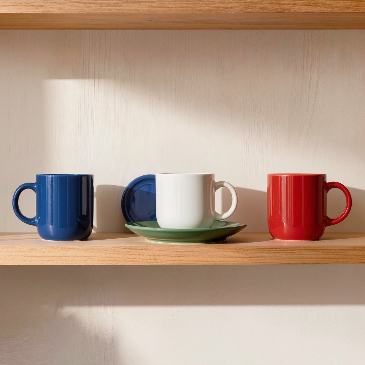 Exactly four ceramic mugs sit on a pale wooden shelf: two blue mugs on the left, one white mug in the center, and one red mug on the right. A green saucer is beneath the center mug, nothing else. — Kling v3
