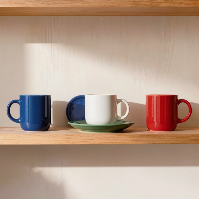 Exactly four ceramic mugs sit on a pale wooden shelf: two blue mugs on the left, one white mug in the center, and one red mug on the right. A green saucer is beneath the center mug, nothing else. — Kling v3