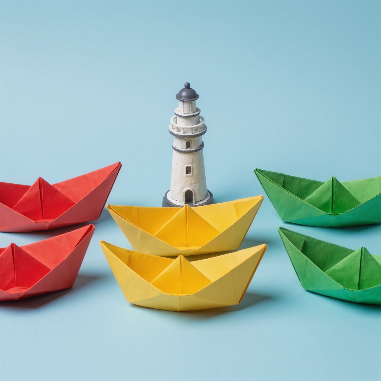 Exactly six folded paper boats sit on a pale blue tabletop: two red boats on the left, two yellow boats in the center, and two green boats on the right. A small white lighthouse figurine stands behind the center pair, nothing else. — Kling v3 Omni