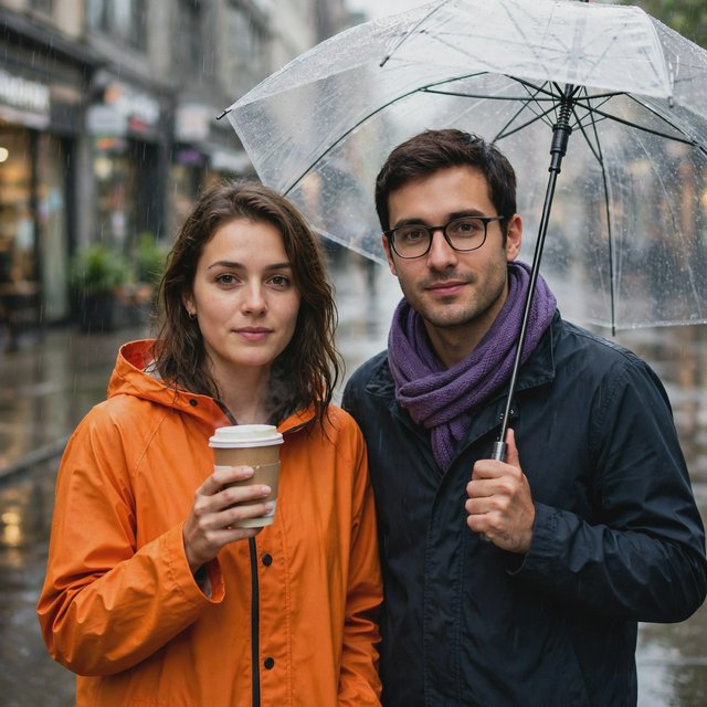 A man with a purple scarf holding a transparent umbrella, standing to the right of a woman in an orange raincoat who holds a paper cup, both facing the camera. — Muse Image 1.0