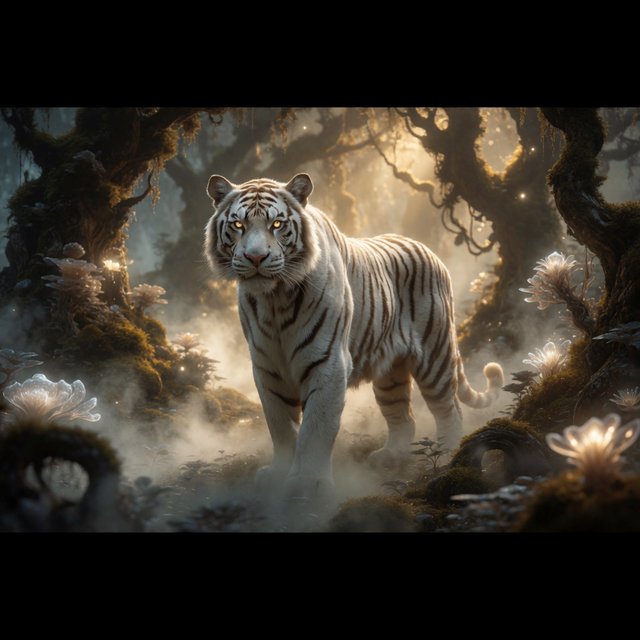 A majestic white tiger with eyes like molten gold, walking through a misty, ancient forest. Strange, bioluminescent flora casts an ethereal glow on the gnarled trees and moss-covered stones. The atmosphere is one of profound mystery and quiet solitude. Rendered in the style of detailed matte painting with a touch of dark fantasy concept art. — Krea 2 Medium