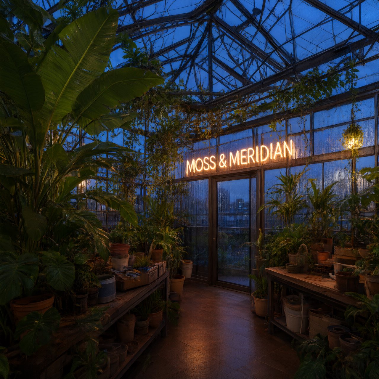 Inside a rooftop greenhouse at blue hour, tropical leaves crowd iron beams above a quiet potting bench; "MOSS & MERIDIAN" glows in warm amber neon along the glass entrance, with rain beads catching the light. — Qwen Image 3.0