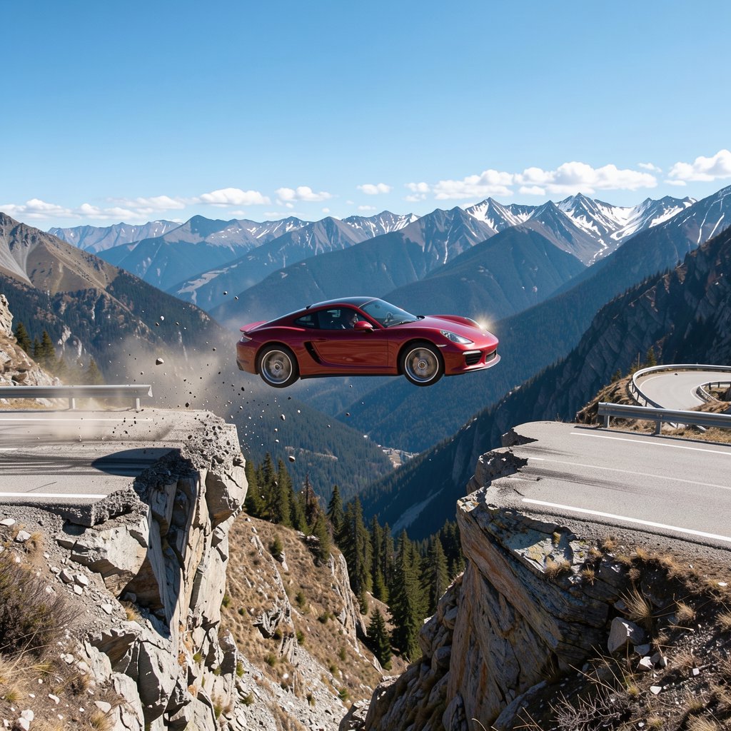 A sports car in a daredevil stunt has driven off a road from a high cliff, attempting to fly and land on the road on the next cliff. Beautiful mountainous background, sunny blue sky. Show motion, speed, and action. — FLUX 3 Image