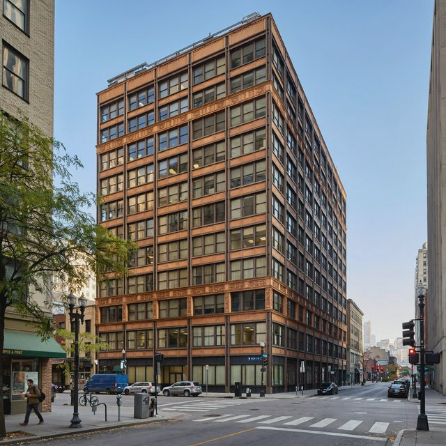 Exterior of a Chicago School office tower, with a visible steel-frame grid, warm terra-cotta cladding, broad rectangular windows, and a flat roofline; clear afternoon light, viewed from across a city street, with precise verticals and believable construction. — Muse Image 1.0