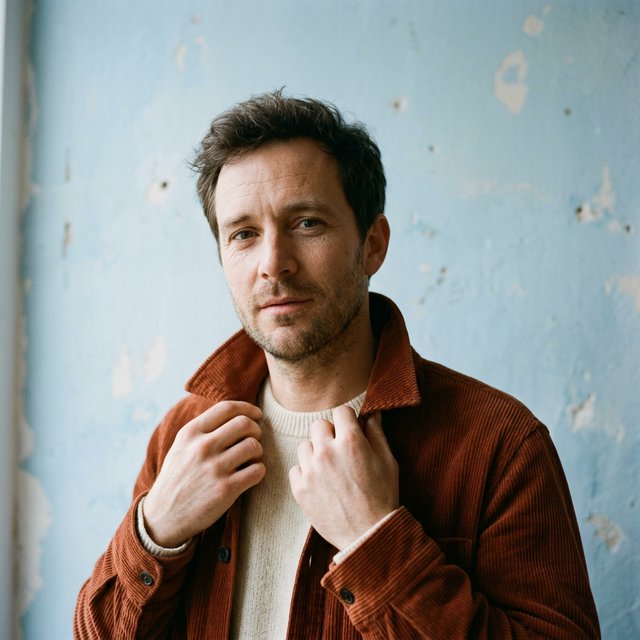 Portrait photograph of an adult man in his late 30s wearing a rust-colored corduroy overshirt over a cream knit, fingertips resting on its broad collar. His quietly curious gaze meets the camera against a pale blue plaster backdrop, softly lit by cool side-window light. — Nano Banana 2.1