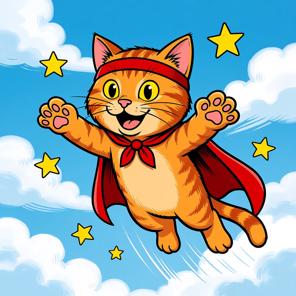 A cat flying in the sky wearing a super kitty costume. — Krea 2 Medium