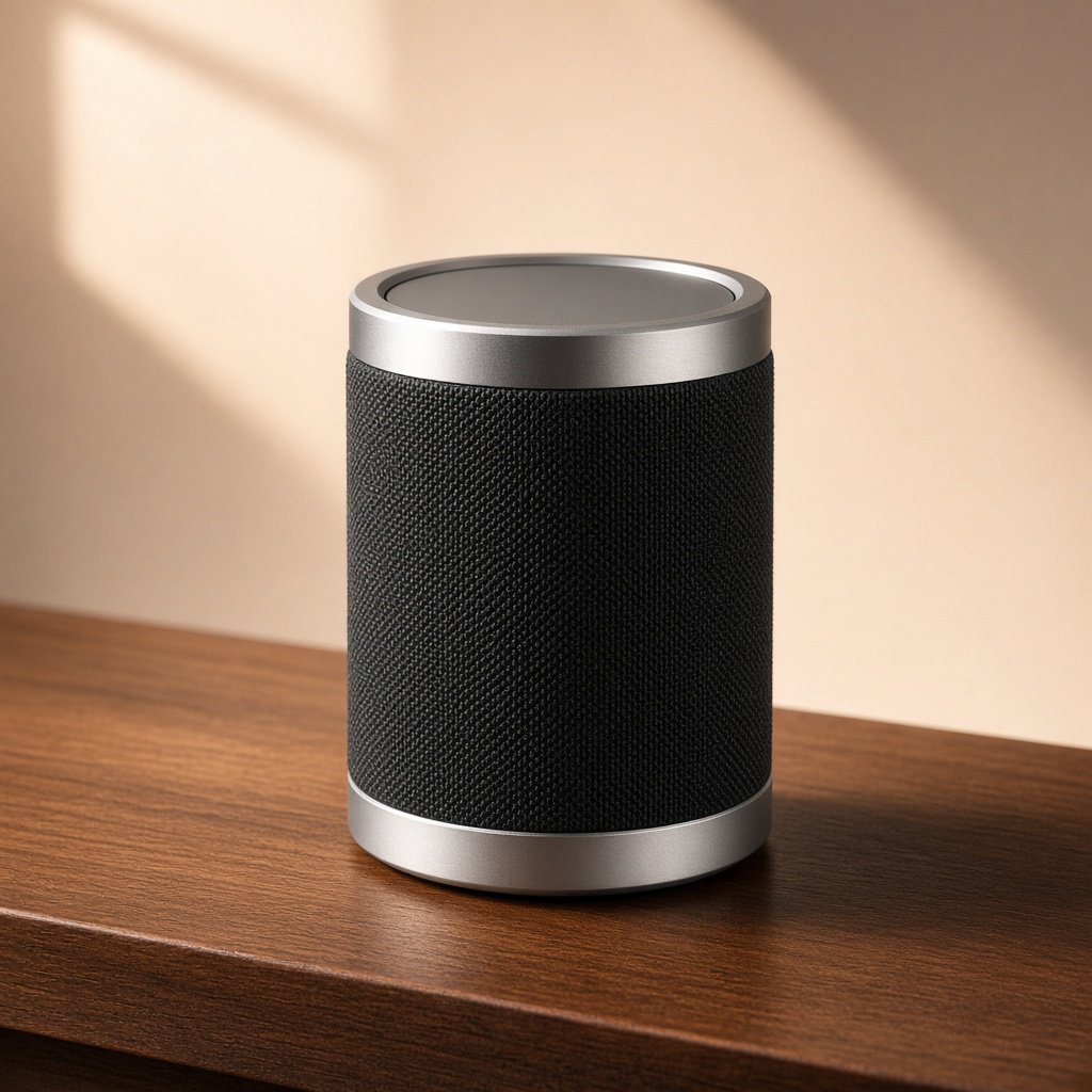 Commercial product photograph of an unbranded wireless speaker made from textured black fabric and satin aluminum, placed on a walnut tabletop against a warm cream background, illuminated by a large softbox and subtle backlight. — Grok Imagine Image 2