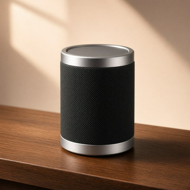 Commercial product photograph of an unbranded wireless speaker made from textured black fabric and satin aluminum, placed on a walnut tabletop against a warm cream background, illuminated by a large softbox and subtle backlight. — Grok Imagine Image 2