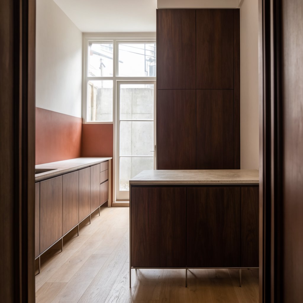 Along a galley kitchen, flat-front walnut cabinets meet pale limestone counters and a matte terracotta backsplash in restrained Scandinavian modern style; soft north-window daylight reveals the worktop from the doorway, with clean aligned lines and believable supports. — Krea 2 Large