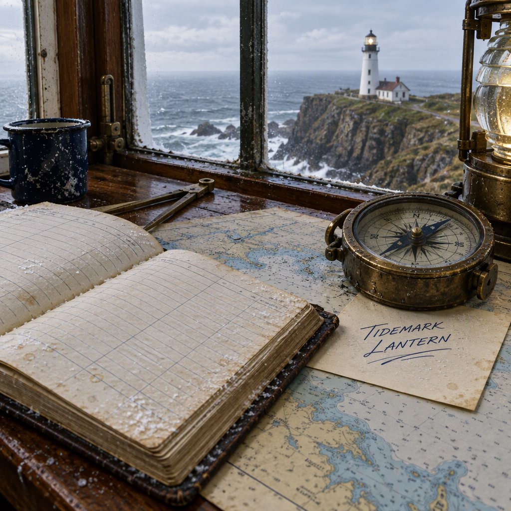 Beside a cliffside lighthouse, a salt-speckled logbook lies open on a chart table; "TIDEMARK LANTERN" is handwritten in looping dark-blue ink across a cream note tucked beneath the compass, with no other legible writing. — GPT Image 2.5 Flare