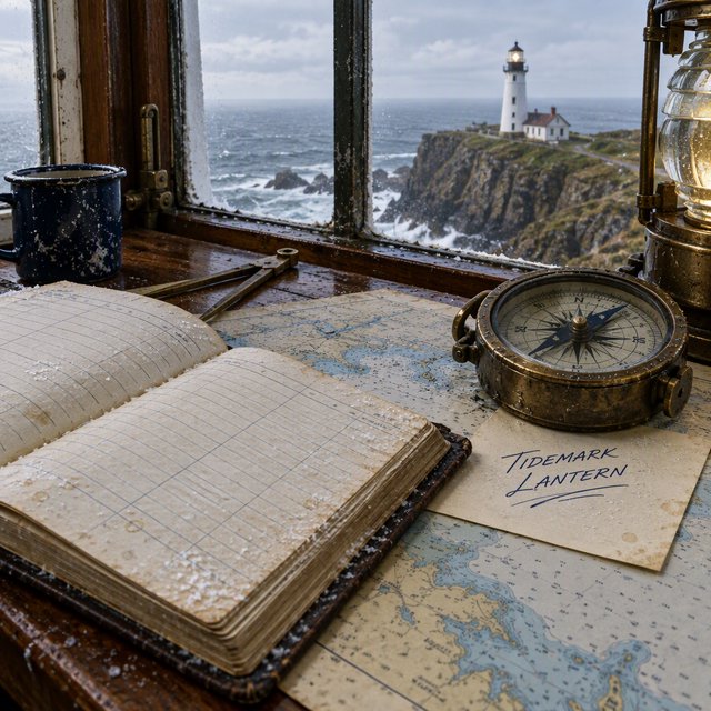 Beside a cliffside lighthouse, a salt-speckled logbook lies open on a chart table; "TIDEMARK LANTERN" is handwritten in looping dark-blue ink across a cream note tucked beneath the compass, with no other legible writing. — GPT Image 2.5 Flare