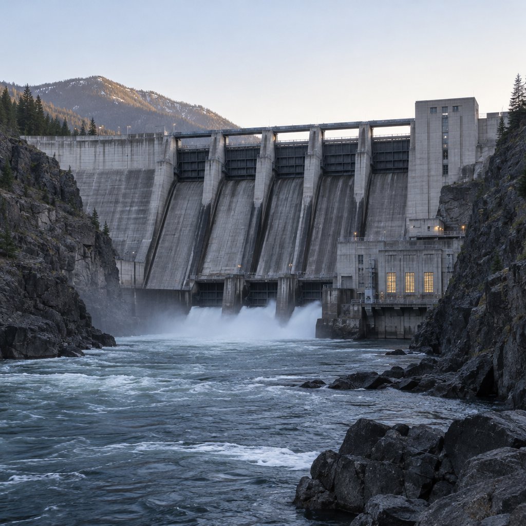 A broad hydroelectric dam in contemporary Brutalist engineering style spans a rocky gorge, its pale concrete face anchored by dark basalt abutments and steel gates; cool dawn light, viewed from downstream, with convincing load-bearing geometry. — GPT Image 2.5 Sunburst