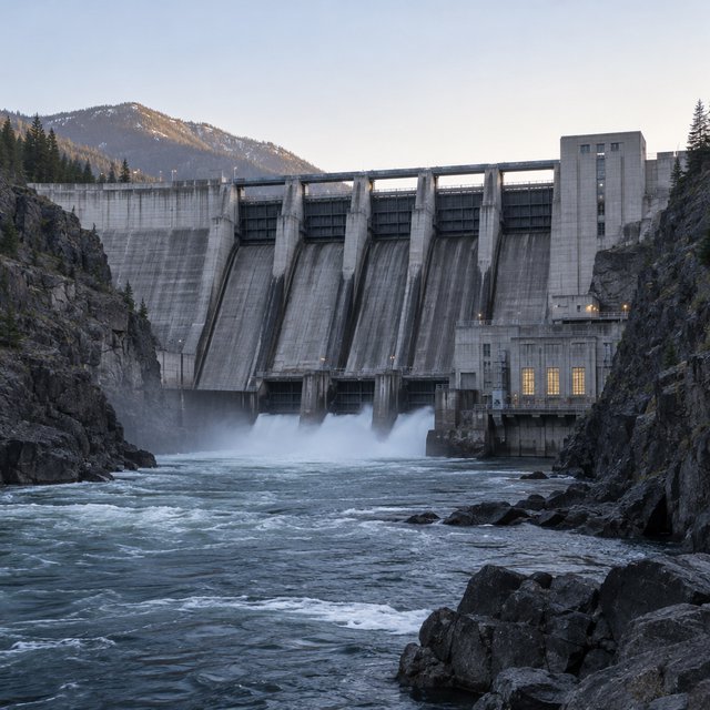 A broad hydroelectric dam in contemporary Brutalist engineering style spans a rocky gorge, its pale concrete face anchored by dark basalt abutments and steel gates; cool dawn light, viewed from downstream, with convincing load-bearing geometry. — Model 4