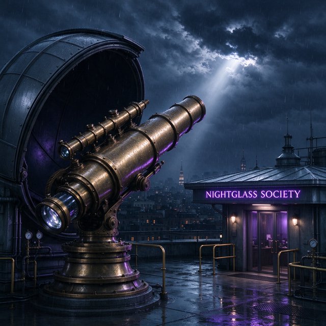 On a rain-darkened rooftop observatory, brass instruments gleam beneath a sliding dome while clouds part above the city; "NIGHTGLASS SOCIETY" glows in violet neon along the entrance canopy. — Seedream 5.0 Flash