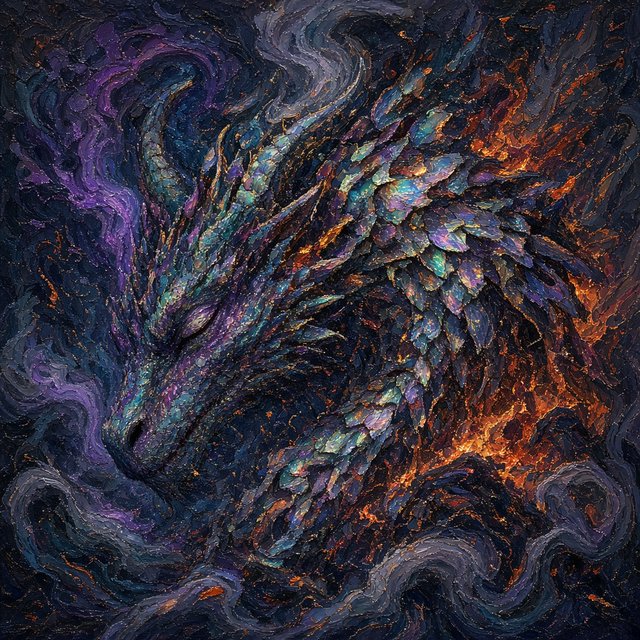 An abstract tapestry woven from the dreams of a sleeping dragon, depicted as a chaotic yet beautiful explosion of iridescent scales, fiery embers, and swirling smoke. The composition is dynamic and energetic, with bold brushstrokes and a rich, textured surface. The style is abstract expressionism, capturing the raw, untamed essence of draconic power. — Grok Imagine Image 2