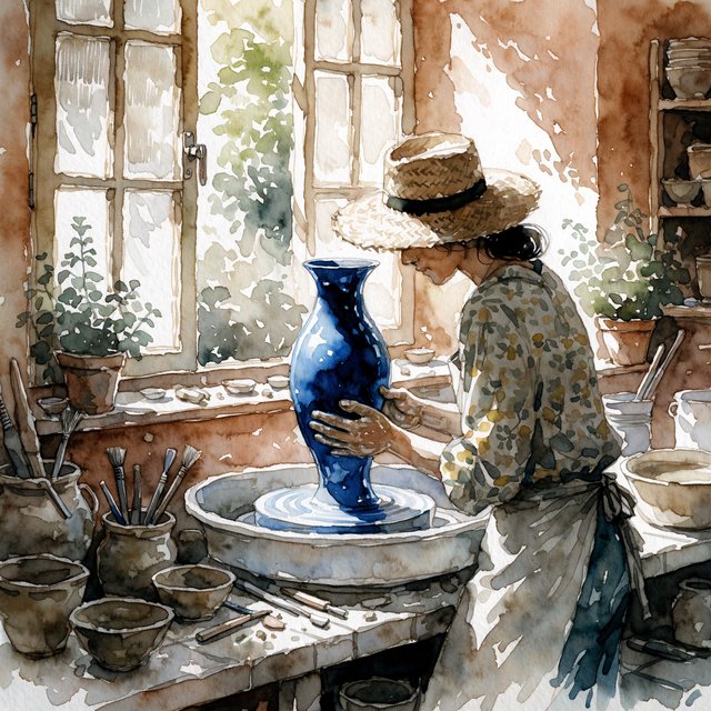 Watercolour illustration of an adult ceramicist shaping a luminous blue vessel beside an open workshop window, surrounded by clay tools, potted herbs, and sunlit terracotta walls. Palette of cobalt, ochre, sage, and cream, with soft flowing brushwork. — Recraft v4 Pro