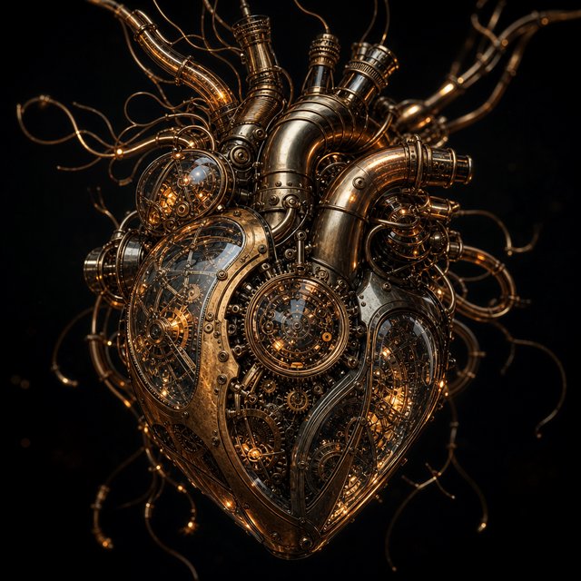 A beautifully intricate mechanical heart floating alone in deep darkness, designed like an exquisite piece of horological sculpture. Its polished brass, copper, and dark steel chambers are partially open, revealing layers of tiny interlocking gears, delicate springs, pistons, and precision mechanisms within. Sections of crystal-clear glass expose deeper workings, while slender tubes carry a faintly glowing fluid through the heart like an artificial bloodstream. Tiny gears turn and pistons move, suggesting that the heart is genuinely functioning. Fine mechanical filaments curl outward like veins and arteries, catching subtle highlights from the warm inner glow. Elegant steampunk aesthetic, dramatic cinematic lighting, rich metallic textures, intricate reflections, mysterious atmosphere. — GPT Image 2