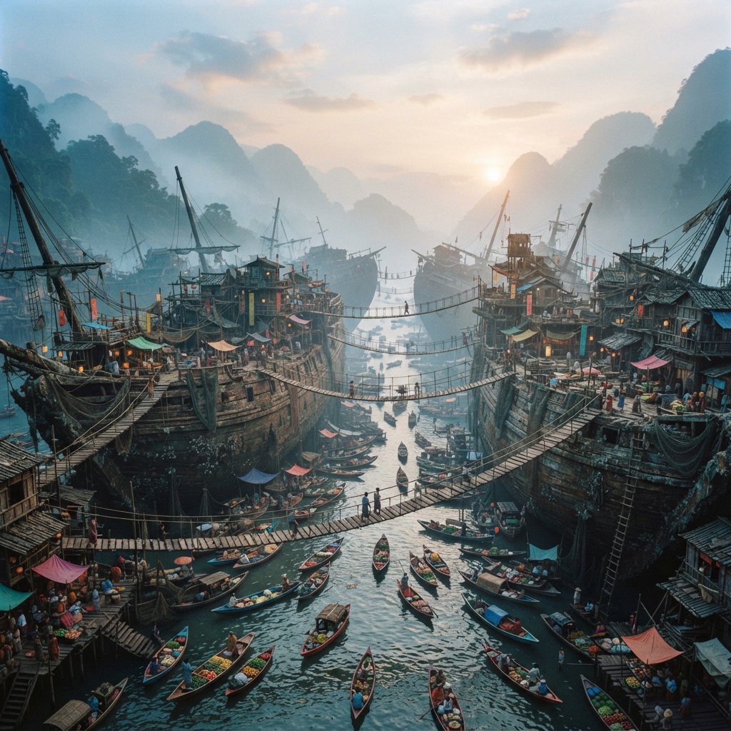 A floating market city built on the hulls of giant upturned ships, rope bridges, morning haze, wide establishing shot. — Nano Banana 2 Lite