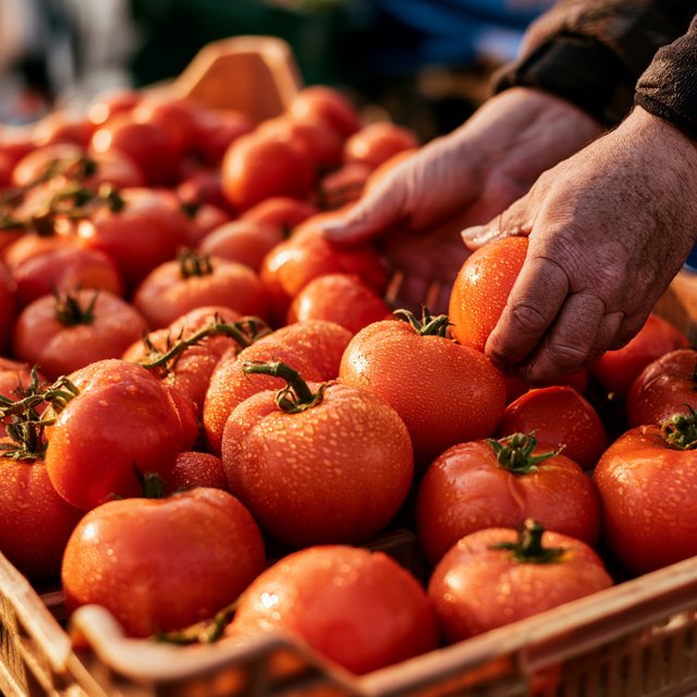 Candid documentary photograph of an adult market vendor arranging ripe tomatoes at an outdoor produce stall, cool early-morning side light, 50mm lens with shallow depth of field, condensation droplets beading on the tomato skins. — Midjourney V8.2