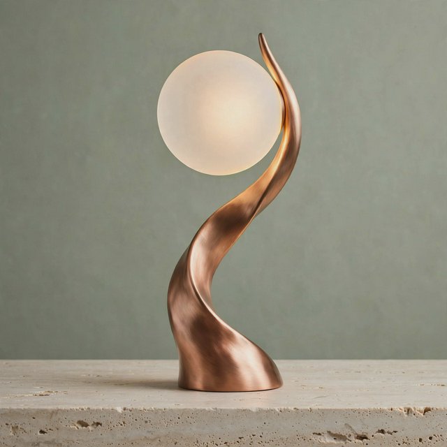 Commercial product photograph of an unbranded sculptural desk lamp with a frosted opal glass globe and brushed copper stem, standing on a pale travertine surface against a muted sage background, illuminated by soft overhead diffusion and a delicate warm rim light. — Muse Image 1.0