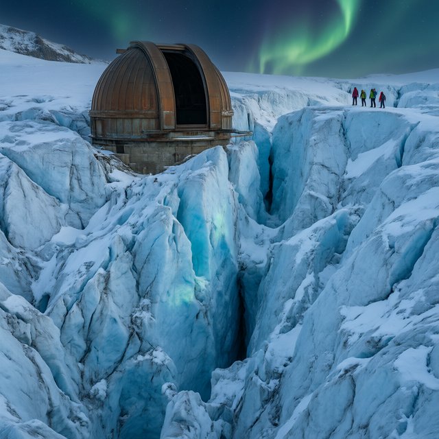 An abandoned observatory carved into a glacier, its bronze domes protruding from blue ice, aurora light filtering through crevasses, tiny adult explorers on a distant ridge emphasizing immense scale, drifting snow and deep polar shadows. — Qwen Image 3.0