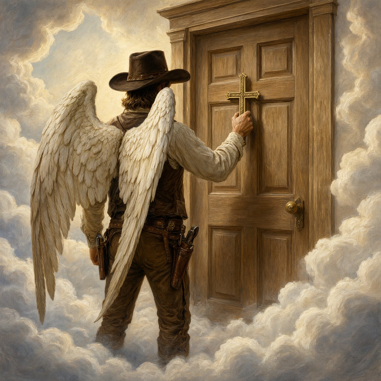 Create a painted image of a frontier lawman in heaven, facing away from the camera with angel wings. He is standing on a ground made of clouds, with a door in front of him. Holding a cross, he uses it to knock on the door. — Qwen Image 3.0 Pro