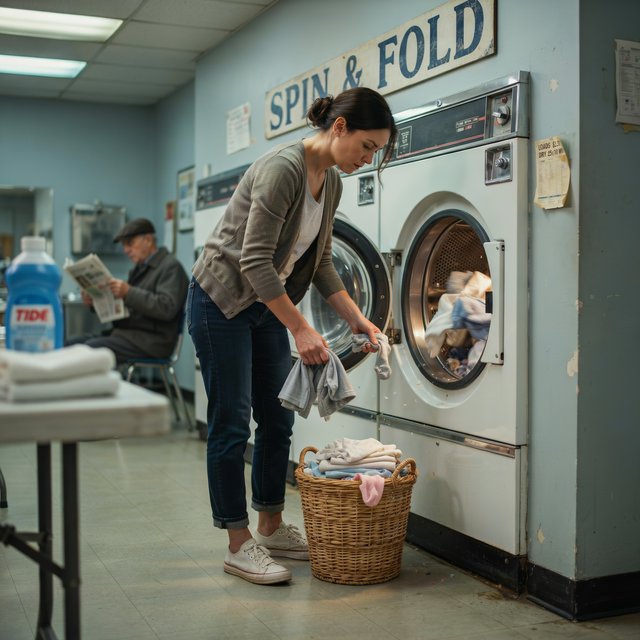 Candid documentary photograph of an adult sorting laundry in a neighborhood laundromat, cool fluorescent light, 35mm lens with moderate depth of field, lint specks floating near a tumbling dryer door. — Ideogram v4