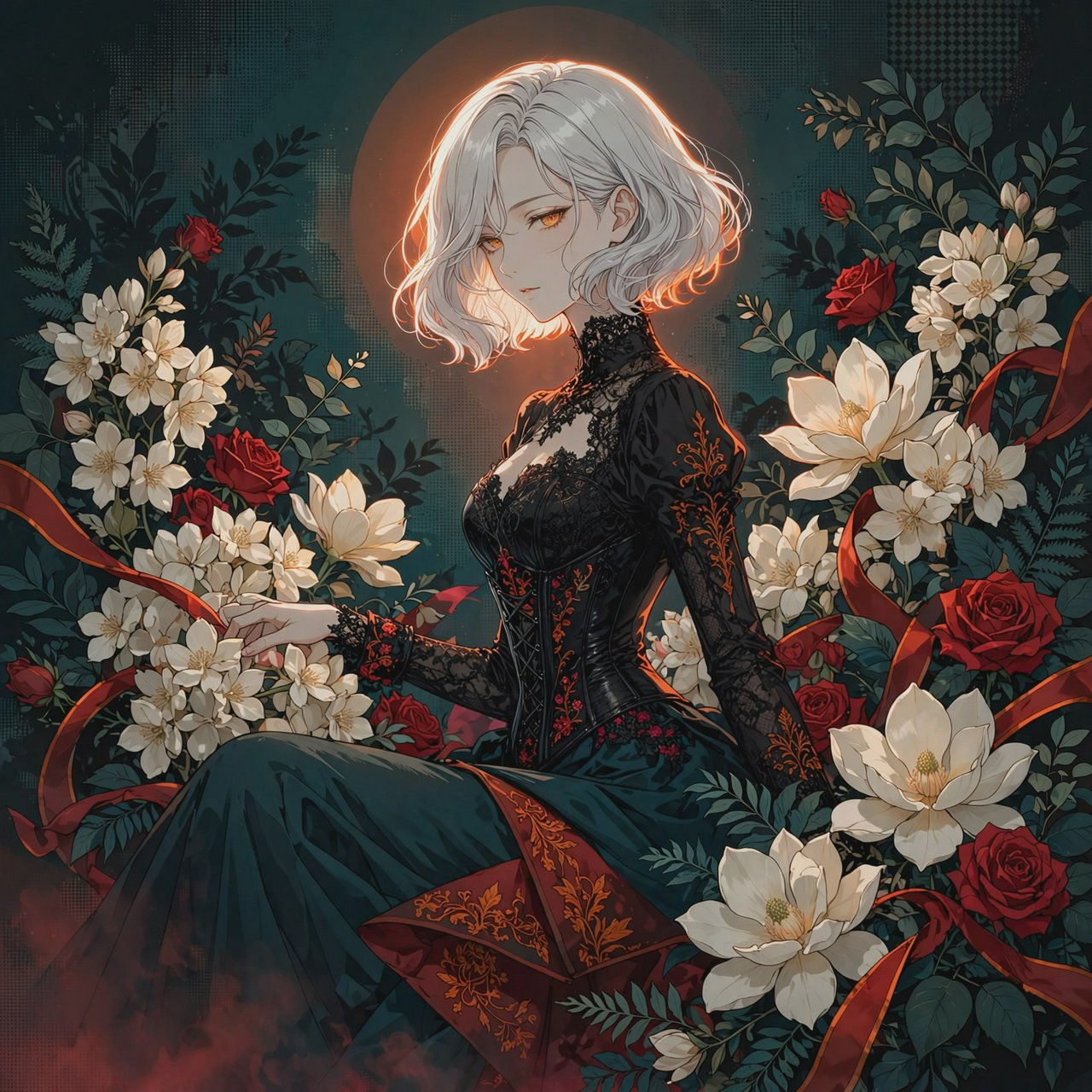 An elegant gothic woman sits sideways among oversized ivory blossoms, crimson roses, and dark teal foliage, turning toward the viewer with half-lidded amber eyes. She has a softly waved silver-white bob and a fitted black gown with lace, embroidered sleeves, and a sculpted corset. Deep-teal skirt folds reveal crimson lining and burnt-orange embroidery. Crimson ribbons with orange edging weave through the flowers, leaving breathing room around her pale face and hands. A deep-teal background fades into charcoal, with muted burnt-orange light behind her head, faint crimson haze below, and botanical shadows. Fine ordered dithering, delicate checkerboard patterns, and clustered pigment grains soften background transitions only; the woman and flowers remain smoothly painted. Crimson, deep teal, glowing orange, lacquer black, and warm ivory palette. Soft frontal fill, luminous hair, readable black fabric, subtle orange rim light, refined gothic anime, precise linework, dramatic floral framing — Muse Image 1.0