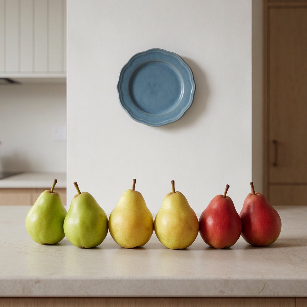 Exactly six ripe pears sit on a pale stone counter: two green pears on the left, two yellow pears in the center, and two red pears on the right. A small blue plate sits above the center pair, nothing else. — Krea 2 Medium
