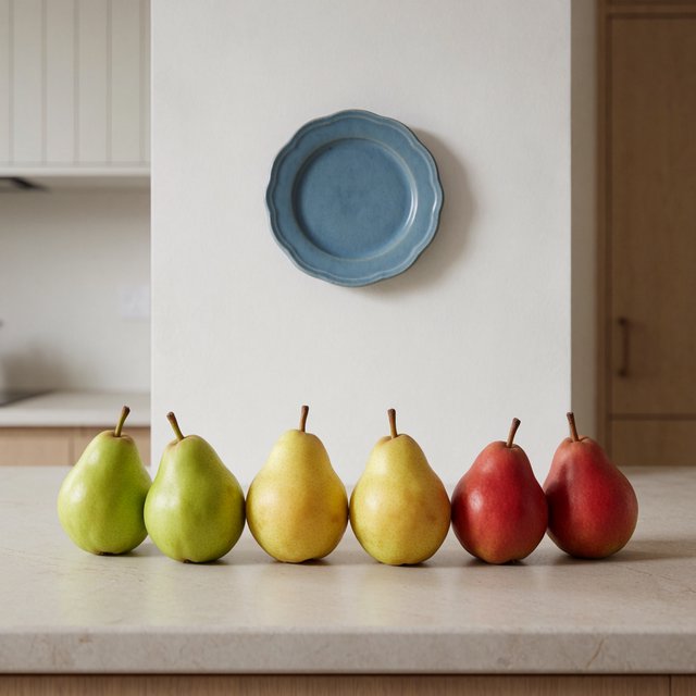 Exactly six ripe pears sit on a pale stone counter: two green pears on the left, two yellow pears in the center, and two red pears on the right. A small blue plate sits above the center pair, nothing else. — Krea 2 Medium
