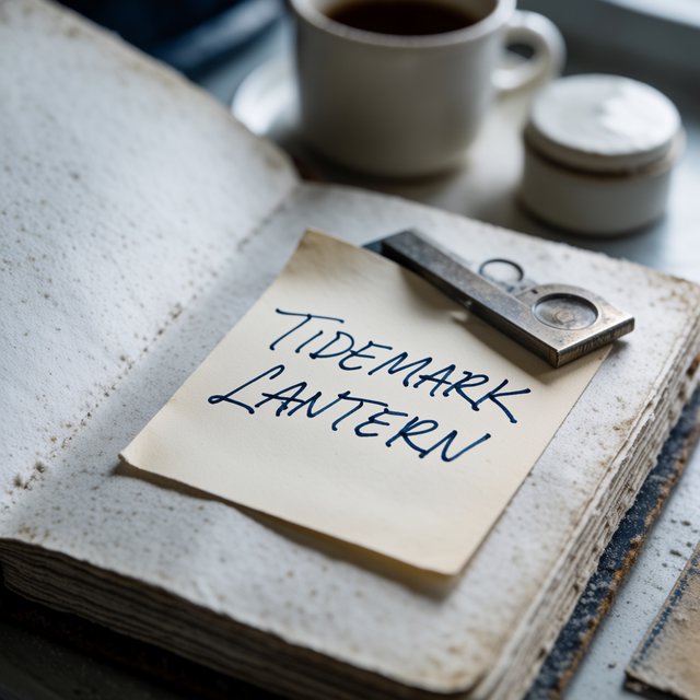 Beside a cliffside lighthouse, a salt-speckled logbook lies open on a chart table; "TIDEMARK LANTERN" is handwritten in looping dark-blue ink across a cream note tucked beneath the compass, with no other legible writing. — Krea 2 Medium