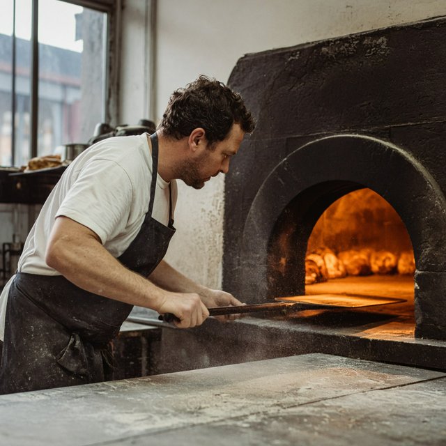 Candid documentary photograph of an adult baker sliding a tray of bread into a neighborhood bakery oven, warm oven glow mixing with gray dawn window light, 35mm lens with moderate depth of field, flour dust suspended above the workbench. — Grok Imagine Image 2