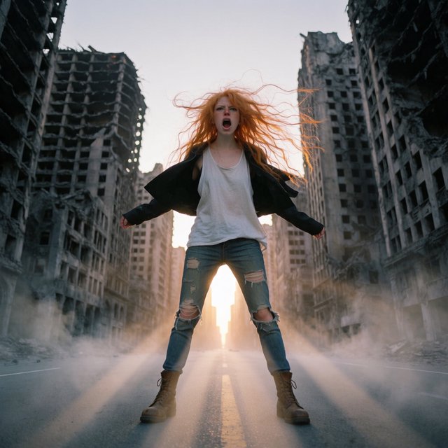 Fantasy fashion mood establishing image of a young woman on an endless street in a pose. Shot on a full-frame camera with an ultra-wide lens at f/2.0, from a very low perspective with a big up-tilt. The woman is centered in the mid-lower third of the frame. Woman: 22 years old, fair skin with slight freckles on her cheeks and nose, orange, messy, very long hair flying in the wind. Dressed in a pair of ripped blue slim jeans, a white baggy tank top, and a black short-waisted jacket moving in the wind; on her feet, you see a pair of old brown leather army boots. Background: an endless street in a post-apocalyptic metropolitan city with huge, destroyed high-rise buildings. There is a slight static fog in the air that is only moving at the woman's feet. Lighting: sunset, with the sun directly behind the woman, creating sunbeams crossing the fog and a soft, warm rim light on her body and flying hair. Pose: the woman is in a full-frontal, wide stance with her feet shoulder-width apart, screaming angrily at what's coming. — Model 12