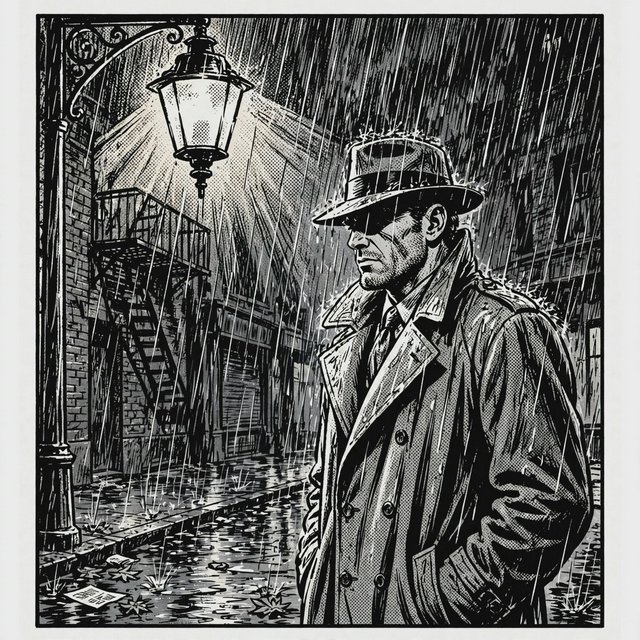 Comic panel of a detective in a trench coat under a streetlamp in the rain, bold ink, halftone shading, no speech bubbles. — Muse Image 1.0