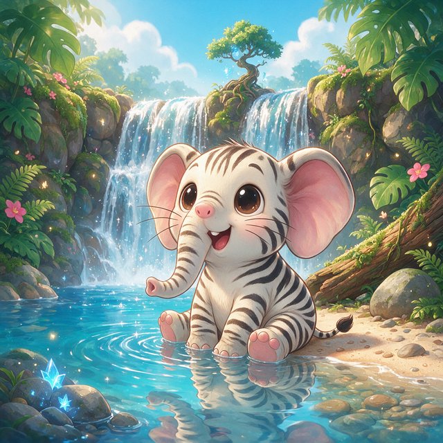 An adorable animal in a cartoon illustration, a cross between an elephant, a zebra, and a mouse. On the shore at the base of a magical waterfall flowing into a crystal-blue pond. Ripples create a wavy reflection in the water. — Seedream 5.0 Pro