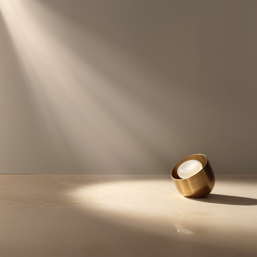 Commercial product photograph of an unbranded sculptural desk lamp made from brushed brass and opal glass, resting on pale travertine, against a warm gray background, with soft diffused light from upper left and gentle grounding shadow. — Midjourney Niji 7