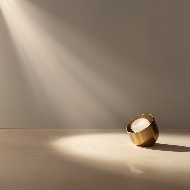 Commercial product photograph of an unbranded sculptural desk lamp made from brushed brass and opal glass, resting on pale travertine, against a warm gray background, with soft diffused light from upper left and gentle grounding shadow. — Midjourney Niji 7