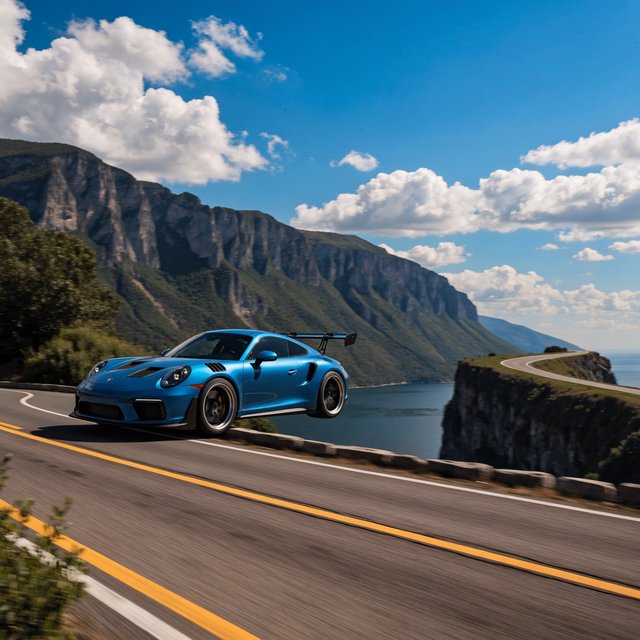 A sports car in a daredevil stunt has driven off a road from a high cliff, attempting to fly and land on the road on the next cliff. Beautiful mountainous background, sunny blue sky. Show motion, speed, and action. — Recraft v4 Pro