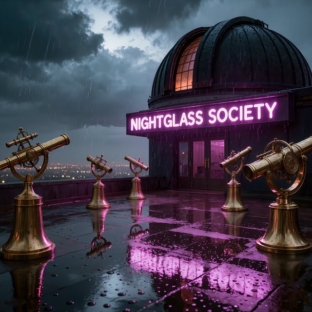 On a rain-darkened rooftop observatory, brass instruments gleam beneath a sliding dome while clouds part above the city; "NIGHTGLASS SOCIETY" glows in violet neon along the entrance canopy. — Kling v3