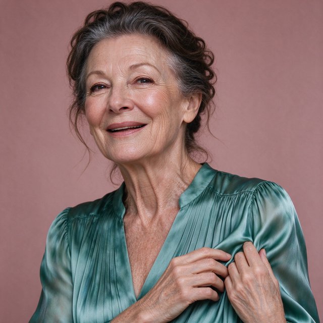 Portrait photograph of an adult woman in her early 60s wearing a softly pleated sea-green silk blouse, hands brushing its gathered sleeve fabric. Her amused, open expression stands against a matte rose backdrop, illuminated by broad, gentle studio light. — Seedream 5.0 Flash