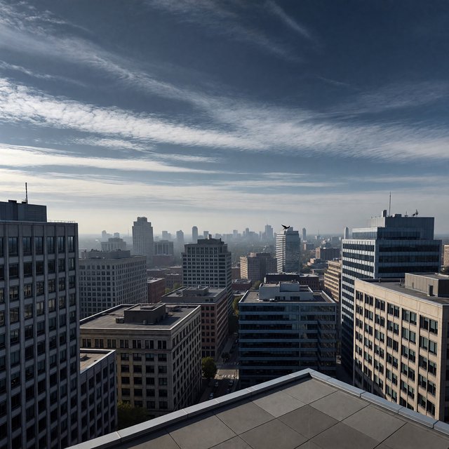 Clean cel-shaded painted cityscape, wide high-angle elevated rooftop level shot looking out over dense modern downtown office buildings, small dark winged figure hovering above central midground rooftops, pale overcast deep blue sky with wispy white clouds, diffused even daylight lighting with soft subtle ambient shadows, muted cool grey, beige, blue building facades with uniform office windows, flat concrete building rooftops, receding hazy distant city skyline with atmospheric perspective, eye level relative to building tops, no outlines, smooth flat color rendering, no grain. — ImagineArt 1.5 Pro