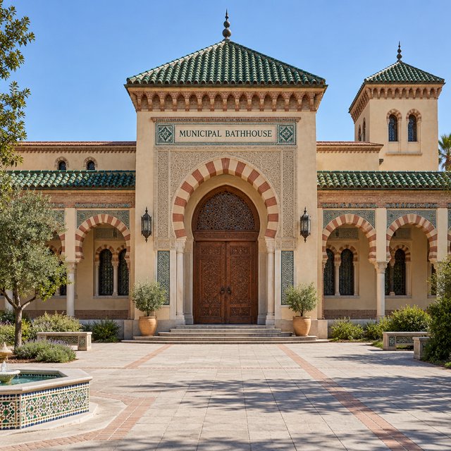 Exterior of a Moorish Revival municipal bathhouse, pale buff stucco, striped brick arches, green glazed tile roof and carved cedar doors; clear morning light, viewed across a paved courtyard, with coherent structure and crisp lines. — GPT Image 2.5 Flare