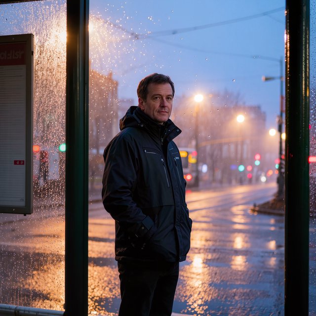 Candid documentary photograph of an adult waiting beside a city bus shelter at dawn, sodium streetlights fading into cool blue daylight, 50mm lens with shallow depth of field, fine rain droplets clinging to the shelter glass. — Kling v3