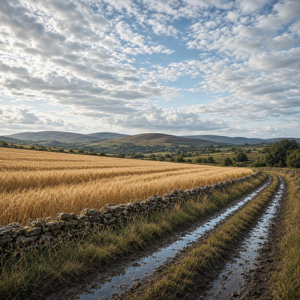 Golden barley fields ripple beneath a vast sky as a cool morning breeze follows overnight showers; muddy tractor furrows glisten in the foreground, guiding the eye past a weathered stone boundary toward low hills under broken clouds. — Grok Imagine Image 2