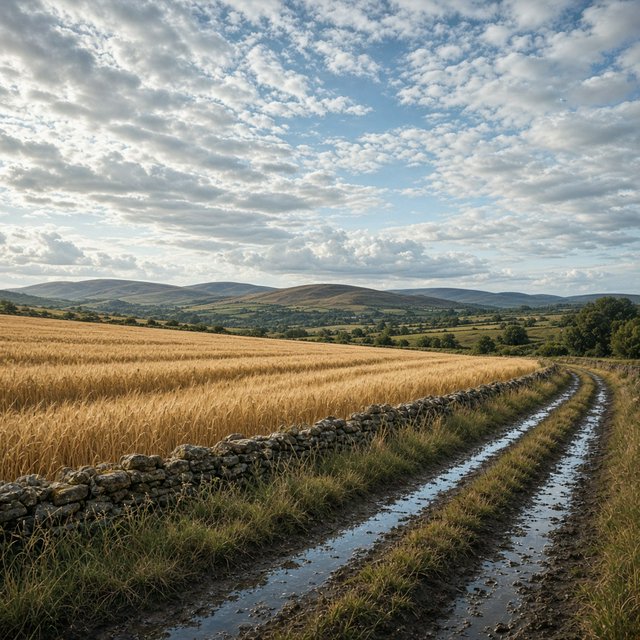 Golden barley fields ripple beneath a vast sky as a cool morning breeze follows overnight showers; muddy tractor furrows glisten in the foreground, guiding the eye past a weathered stone boundary toward low hills under broken clouds. — Model 5