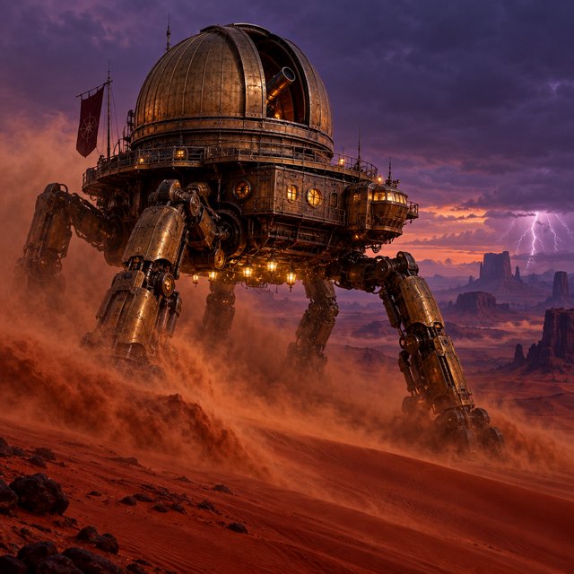 A colossal brass desert crawler carries an observatory dome across red dunes, its articulated legs striding through a sandstorm. Warm lamps glow beneath the hull while distant mesas fade into violet dusk and lightning illuminates the horizon. — GPT Image 2.5 Flare