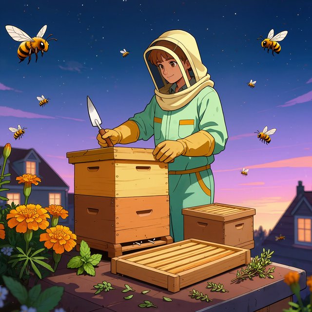 Cel-shaded anime illustration of an adult rooftop beekeeper tending lively hives among marigolds and herbs at dusk, with bees drifting past distant windows. Palette of saffron, violet, mint, and midnight blue, crisp contours and gentle gradients. — Kling v3