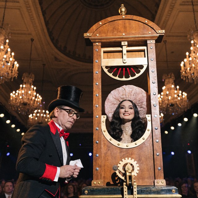 Well dressed stage magician performs the guillotine illusion using a beautiful glamorous adult female assistant. The smiling confident assistant has her head through the hole in the guillotine device. — Recraft v4