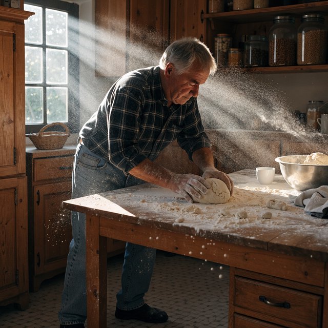 Documentary photo of a home kitchen mid-morning, flour dust in a shaft of window light, an older man kneading dough, natural light only. — Recraft v4 Pro