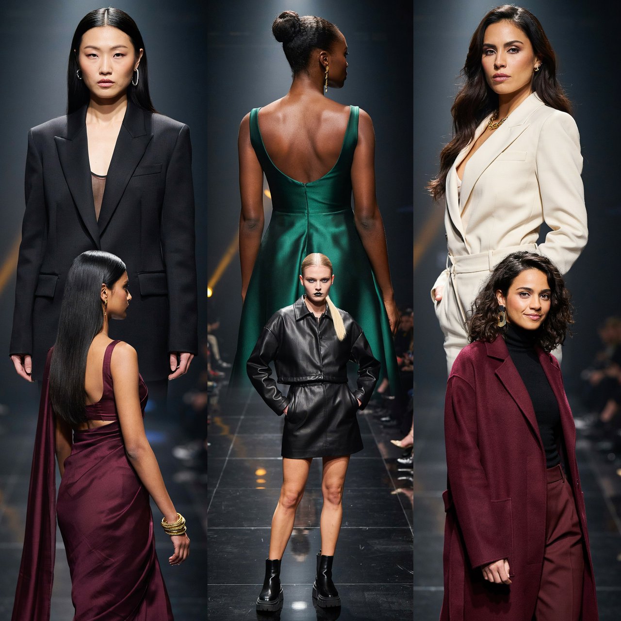 Adult female fashion models on the runway. There are models of all races: white, Black, Asian, Mexican, Indian, mixed race, etc. The vibe is cool and fierce. Many angles. — Ideogram v4.5